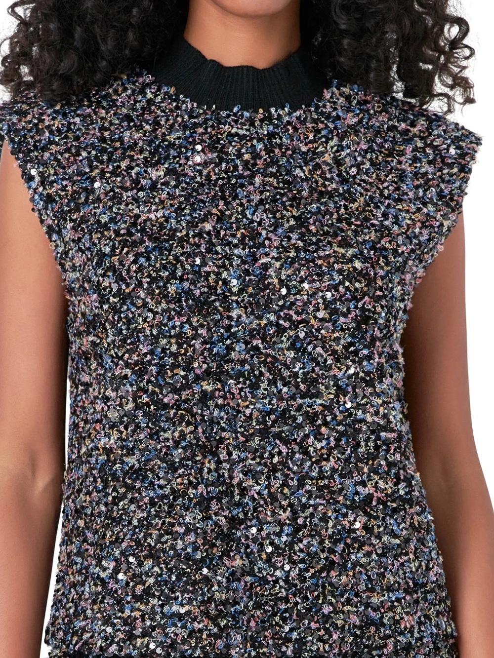 Endless Rose Black Sparkle Tweed Mock Neck Tank